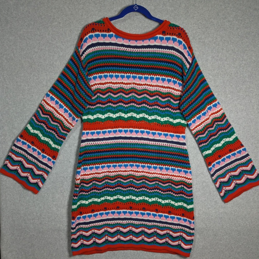 Free the Roses Crochet Knit Dress Large Bell Sleeve Boho Hippie Artsy Chevron